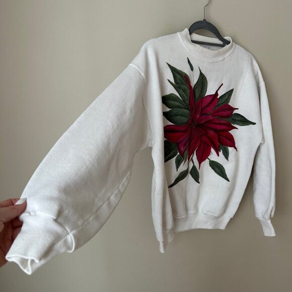 Vintage 90’s White Christmas Flower Poinsettia Red Embellished Size Large - Picture 6 of 6